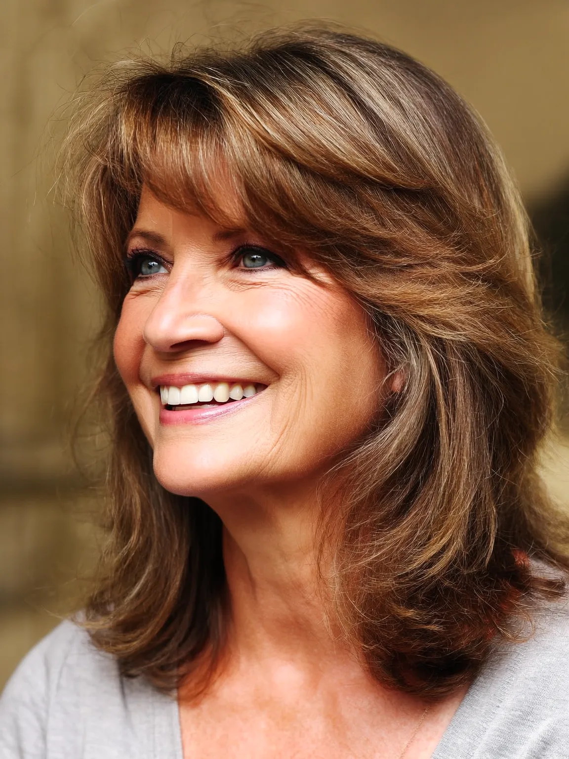 Shoulder-Length Layered Cut with Side-Swept Bangs and Subtle Highlights